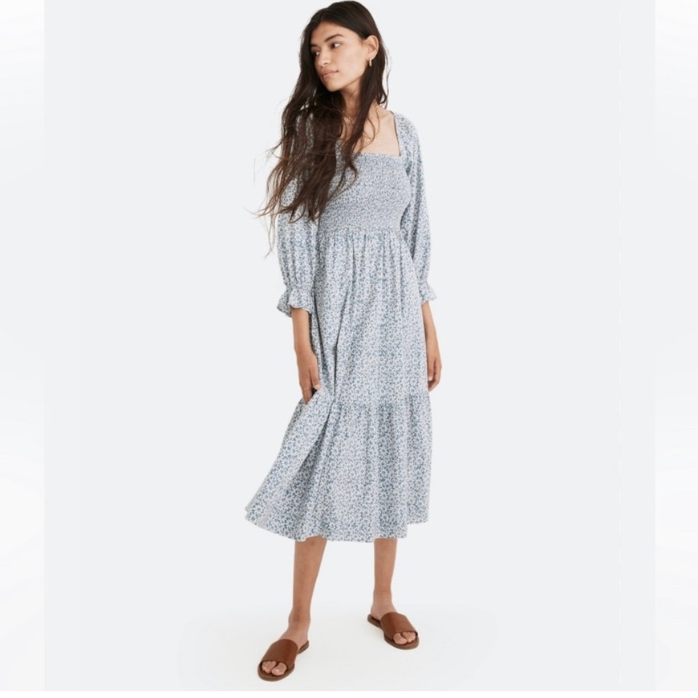 Madewell Lucie Elbow-Sleeve Smocked Midi Dress In Sunflower Field XXS